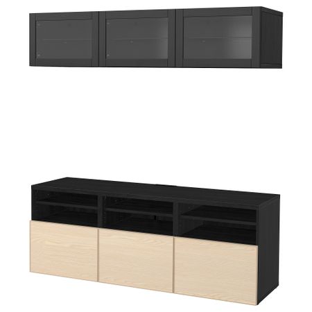 Шкаф для ТВ, комбинированный, стекляные дверцы БЕСТО, черно-коричневый Инвикен, ясеневый шпон прозрачное стекло (180x40x192 см)