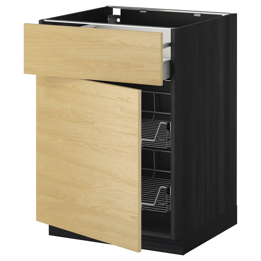 Напольный шкаф с проволочной корзиной, ящиком, дверью МЕТОД / МАКСИМЕРА, черный, Тингсрид береза - схема-чертеж с размерами