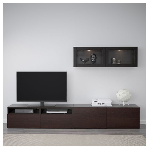 Шкаф для ТВ, комбинированный, стекляные дверцы БЕСТО, черно-коричневый Синдвик, Инвикен черно-коричневый прозрачное стекло - фото 2