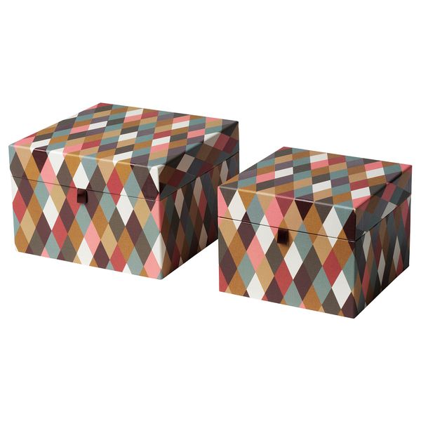 Коробка с крышкой, 2 шт., ромбовидный орнамент разноцветный IKEA DEKORERA ДЕКОРЕРА 204.723.34 - фото 1