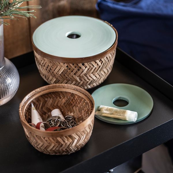 Корзина с крышкой, 2 штуки, бамбук/бирюзовый IKEA LUSTIGKURRE ЛУСТИГКЮРРЕ 004.574.24 - схема-чертеж с размерами