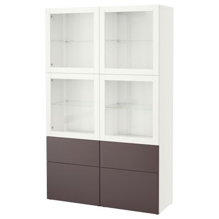 Комбинация для хранения со стеклянными дверцами БЕСТО, белый, Вальвикен темно-коричневый, прозрачное стекло (120x40x192 см)