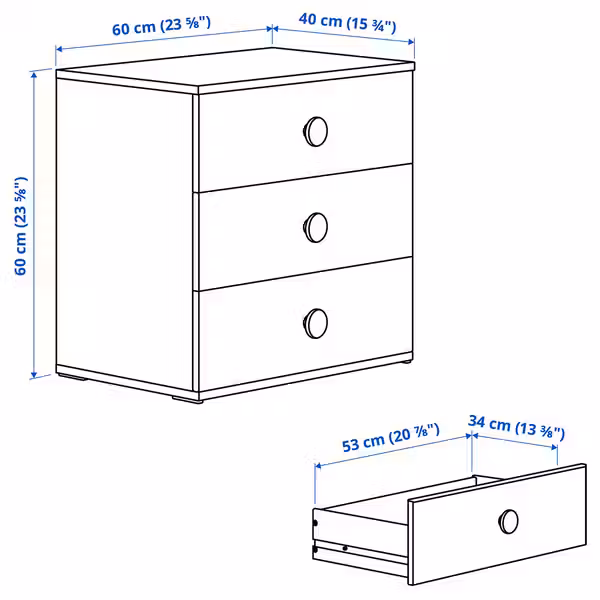 GODISHUS Комод с 3 ящиками - белый 60x40x60 см - схема-чертеж с размерами