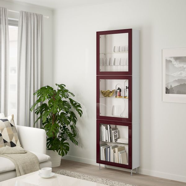 Комбинация для хранения + стеклянная дверц, белый глассвик/сталларп/темный красно-коричневый прозрачное стекло 60x22x202 см IKEA - фото 2