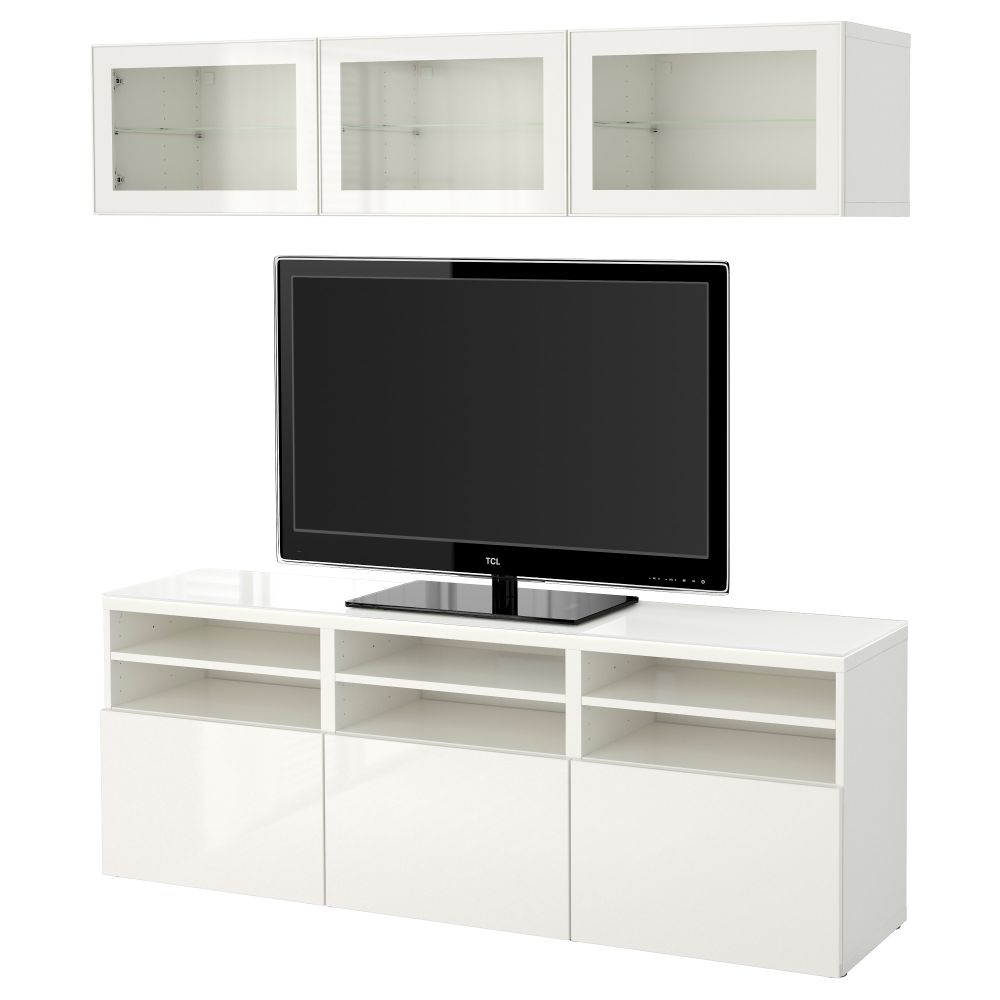 Шкаф для ТВ, комбинированный, стекляные дверцы БЕСТО, белый, Сельсвикен глянцевый/белый прозрачное стекло (180x40x192 см) - фото 1