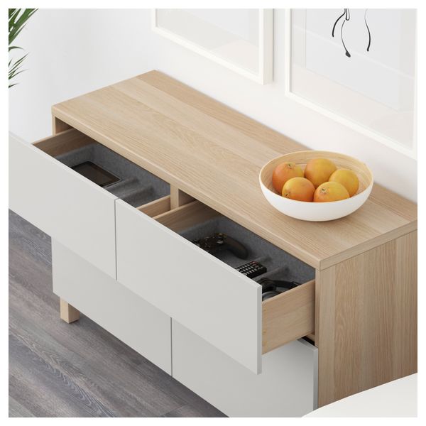 Комбинация для хранения с дверцами, ящиками БЕСТО, под беленый дуб, Лаппвикен светло-серый (120x40x74 см) - схема-чертеж с размерами