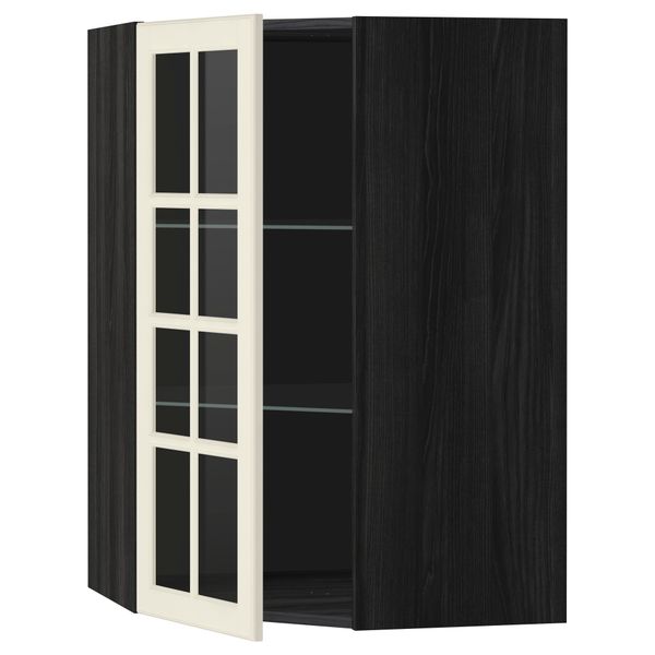 Угловой навесной шкаф с полками, стекляными дверцами МЕТОД, черный, Будбин белый с оттенком - схема-чертеж с размерами