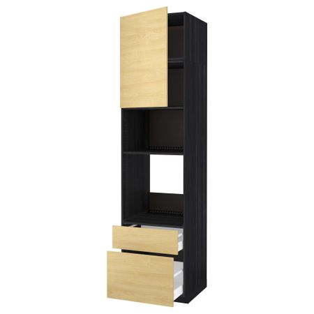Высокий шкаф для духовки/СВЧ дверца, 2 ящика МЕТОД / МАКСИМЕРА, черный, Тингсрид береза