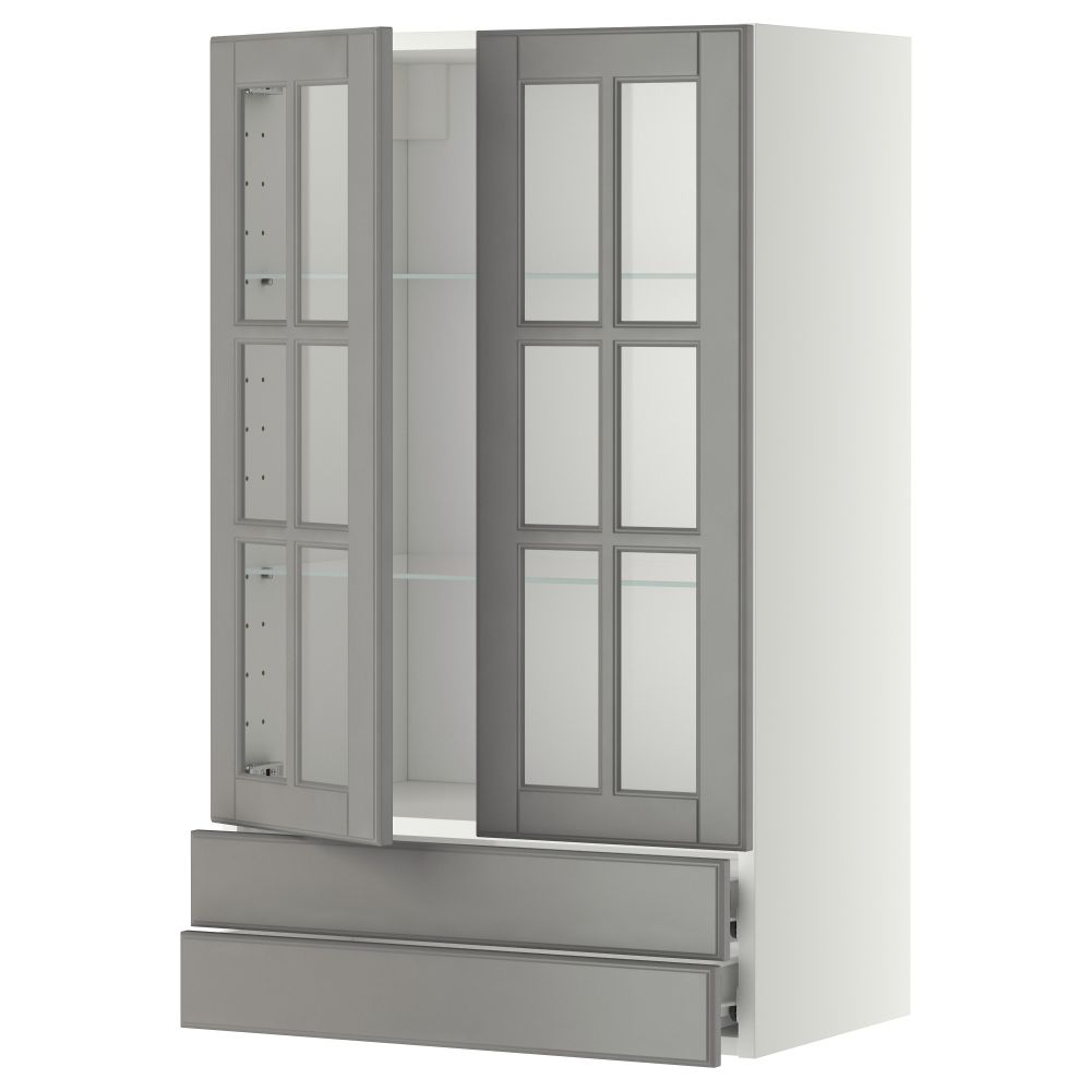 Навесной шкаф, 2 стеклянные дверцы, 2 ящика МЕТОД / ФОРВАРА, белый, Будбин серый - фото 1