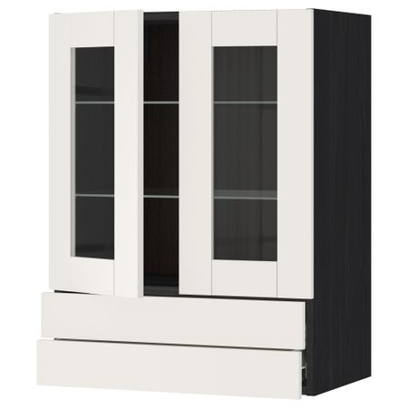 Навесной шкаф, 2 стеклянные дверцы, 2 ящика МЕТОД / ФОРВАРА, черный, Сэведаль белый
