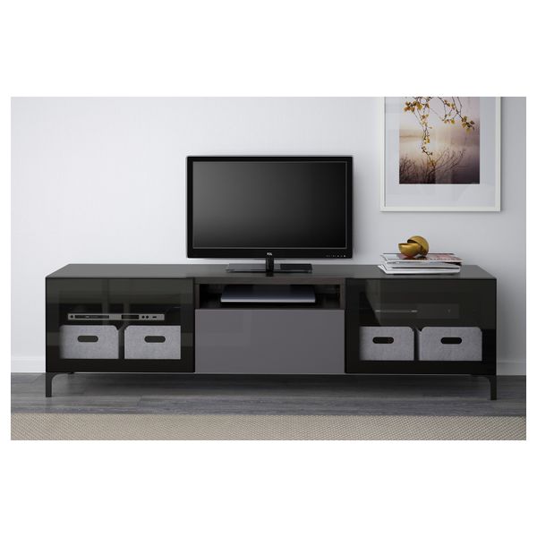 Тумба под ТВ БЕСТО, черно-коричневый, Сельсвикен глянцевый/серый прозрачное стекло (180x40x48 см) - фото 2