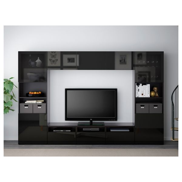 Шкаф для ТВ, комбинированный, стекляные дверцы БЕСТО, черно-коричневый, Сельсвикен глянцевый/черный дымчатое стекло (300x40x192 - фото 2