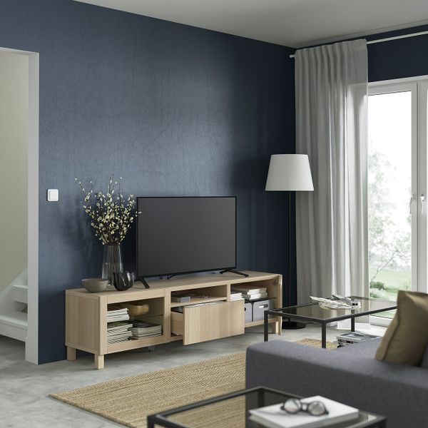 Тумба под ТВ, под беленый дуб/Лаппвик/стуббарп под беленый дуб, прозрачное стелко 180x42x48 см IKEA BESTÅ БЕСТО 793.292.59 - фото 2