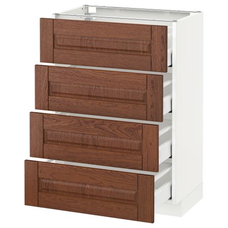 Напольный шкаф 4 фронтальных панели, 4 ящика МЕТОД / МАКСИМЕРА, белый, Филипстад коричневый