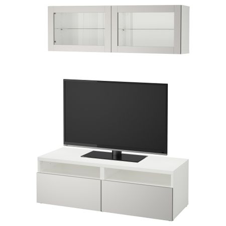 Шкаф для ТВ, комбинированный, стекляные дверцы БЕСТО, белый Лаппвикен, светло-серый прозрачное стекло (120x20/40x166 см)