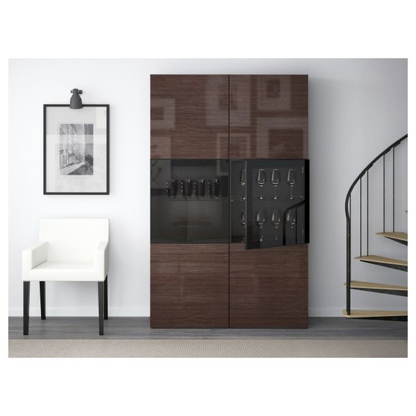 Комбинация для хранения + стеклянная дверц, черно-коричневый/Сельсвикен глянцевый, коричневый прозрачное стекло 120x40x192 см - фото 3