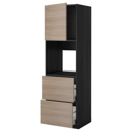 Высокий шкаф для духовки + дверца, 2 форнтальных, 2 высоких ящик МЕТОД / МАКСИМЕРА, черный, Брокхульт светло-серый