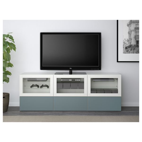 Тумба под ТВ, с дверцами и ящиками БЕСТО, белый, Вальвикен серо-бирюзовый, прозрачное стекло (180x40x64 см) - фото 3