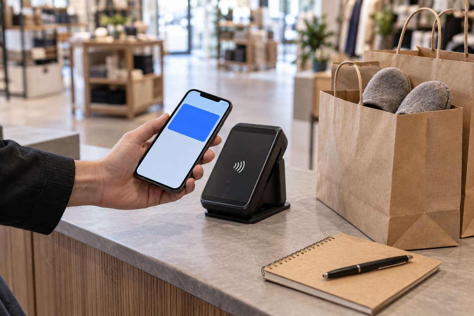Рука со смартфоном показывает цифровую карту IKEA Family считывателю на кассе: момент перед оплатой покупки