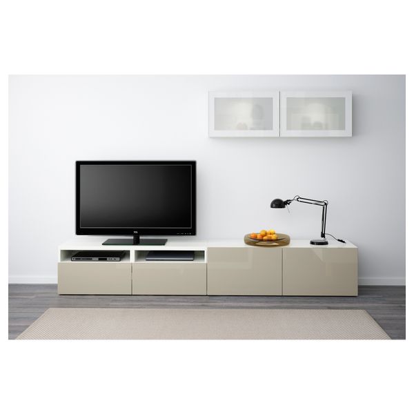 Шкаф для ТВ, комбинированный, стекляные дверцы БЕСТО, белый, Сельсвикен глянцевый/бежевый матовое стекло (240x20/40x166 см) - фото 2