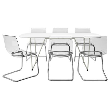 Стол и 6 стульев ОППЕБЮ/БЭККАРИД / ТОБИАС, белый, хромированный прозрачный (185 см)
