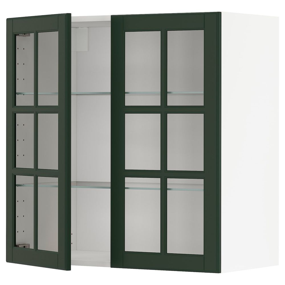 Навесной шкаф с полками, 2 стекло дв, белый/Будбин темно-зеленый 80x80 см IKEA METOD МЕТОД 993.030.22 - фото 1