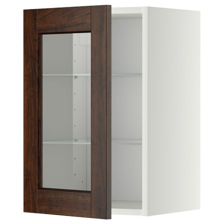 Навесной шкаф с полками, стекляными дверцы МЕТОД, белый, Эдсерум коричневый