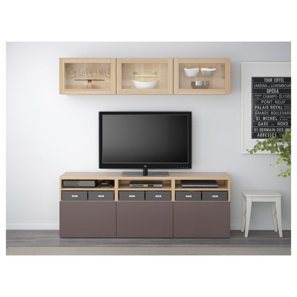 Шкаф для ТВ, комбинированный, стекляные дверцы БЕСТО, под беленый дуб, Вальвикен темно-коричневый, прозрачное стекло (180x40x192 - фото 2