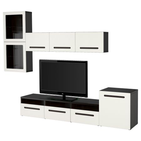 Шкаф для ТВ, комбинированный, стекляные дверцы БЕСТО, черно-коричневый, Марвикен белый прозрачное стекло (300x20/40x211 см)