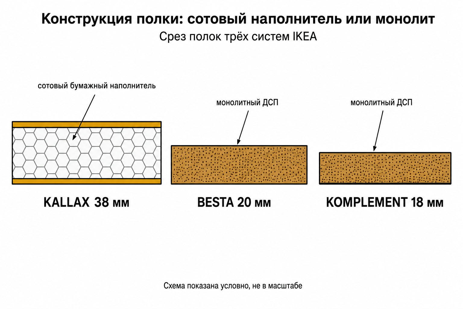Срез трёх полок IKEA: KALLAX 38 мм с бумажными сотами, BESTÅ 18 мм и KOMPLEMENT 19 мм монолитного ДСП
