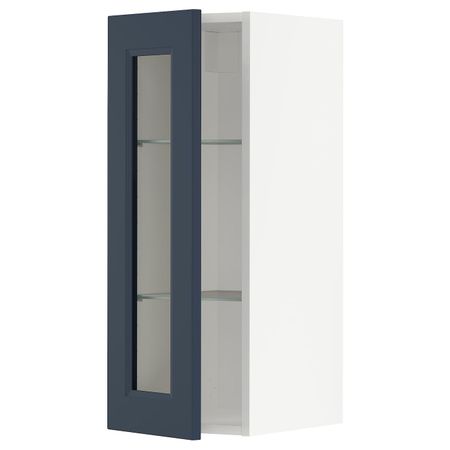 Навесной шкаф/полки/стеклян дверца, белый Акстад/матовая поверхность синий 30x80 см IKEA METOD МЕТОД 294.446.19