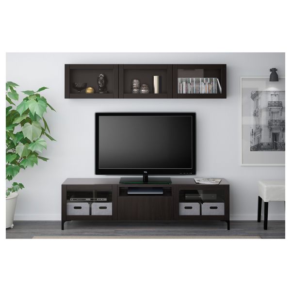 Шкаф для ТВ, комбинированный, стекляные дверцы БЕСТО, Лаппвикен, Синдвик черно-коричневый прозрачное стекло (180x20/40x166 см) - фото 2