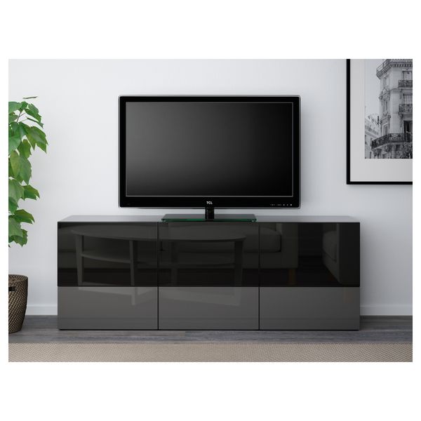 Тумба под ТВ, с дверцами и ящиками БЕСТО, черно-коричневый, Сельсвикен глянцевый/серый дымчатое стекло (180x40x64 см) - фото 2