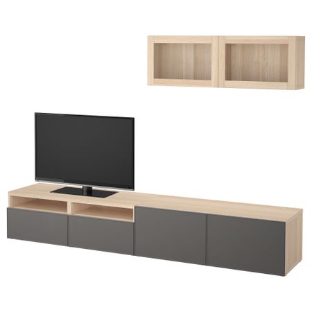 Шкаф для ТВ, комбинированный, стекляные дверцы БЕСТО, под беленый дуб Грундсвикен, темно-серый прозрачное стекло (240x20/40x166