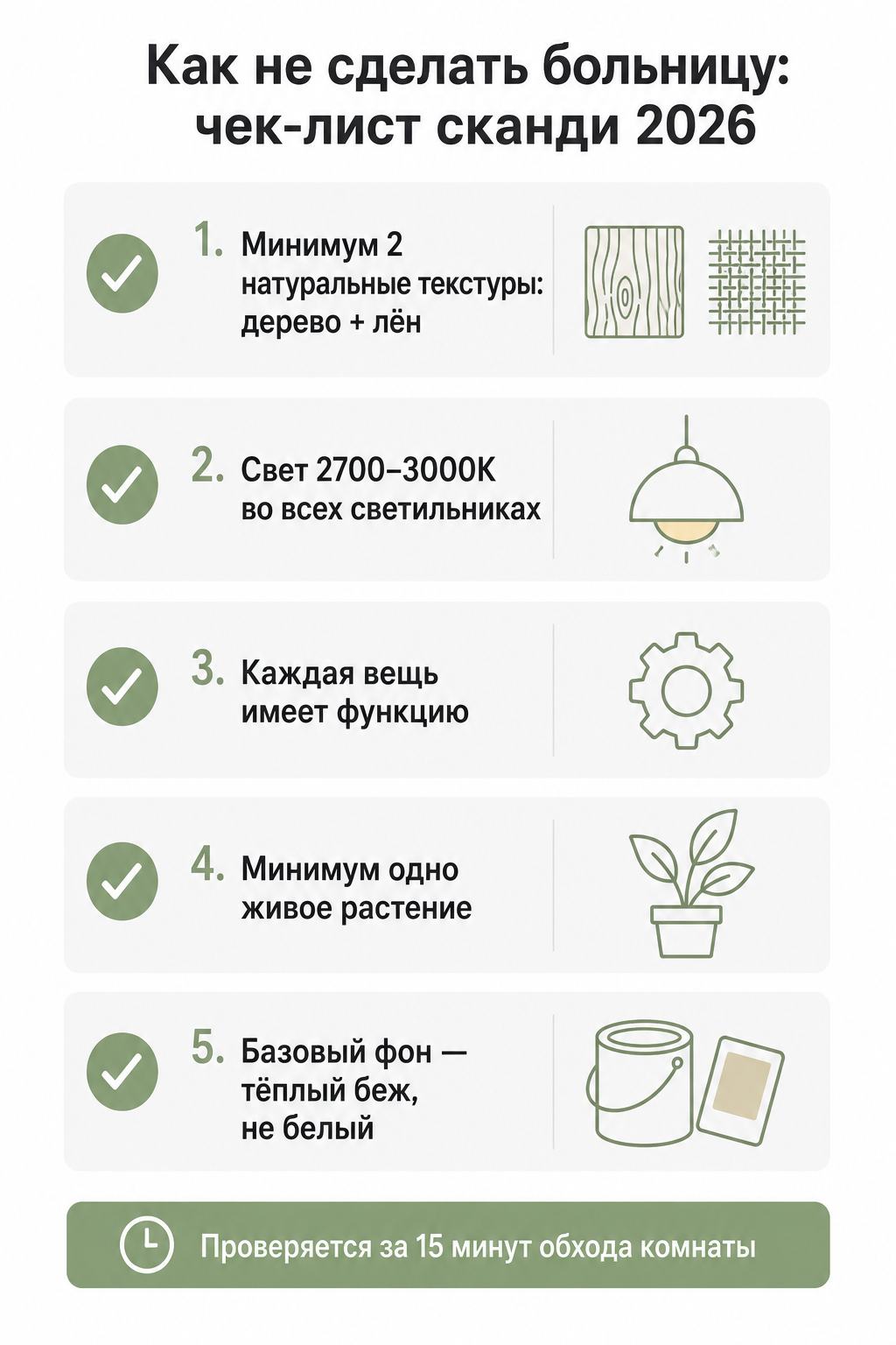 Чек-лист «как не сделать больницу»: пять правил современного сканди 2026 — текстуры, тёплый свет, функция, растения, беж