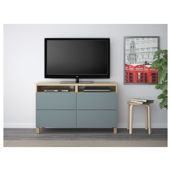 Тумба для ТВ с ящиками БЕСТО, под беленый дуб, Вальвикен серо-бирюзовый (120x40x74 см) - схема-чертеж с размерами