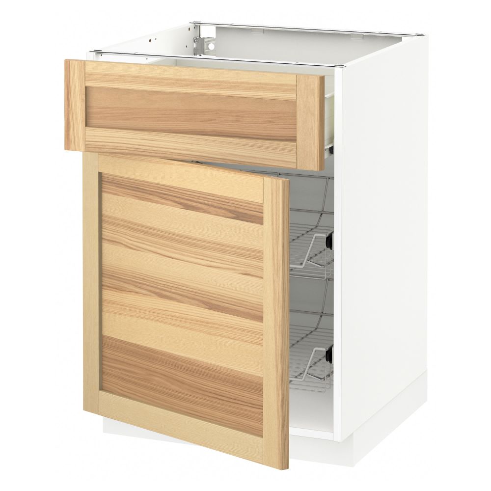 Напольный шкаф с проволочной корзиной, ящиком, дверью МЕТОД / ФОРВАРА, белый, Торхэмн ясень - схема-чертеж с размерами