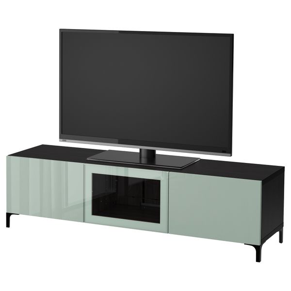 Тумба под ТВ с ящиками и дверцей БЕСТО, черно-коричневый Сельсвикен, глянцевый/серо-зеленый светлый прозрачное стекло (180x40x48 - фото 1