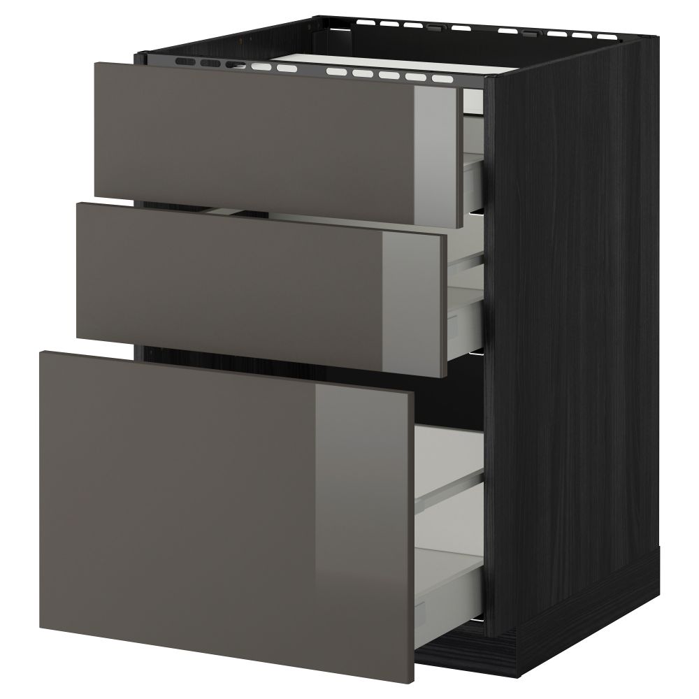 Напольный шкаф, 3 фронтальных панели, 3 ящика МЕТОД / МАКСИМЕРА, черный, Рингульт серый - схема-чертеж с размерами