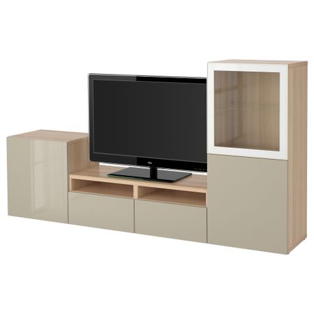 Шкаф для ТВ, комбинированный, стекляные дверцы БЕСТО, под беленый дуб, Сельсвикен глянцевый/бежевый прозрачное стекло