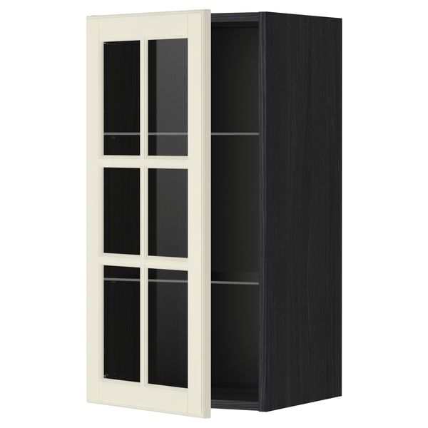 Навесной шкаф с полками, стекляными дверцы МЕТОД, черный, Будбин белый с оттенком - схема-чертеж с размерами