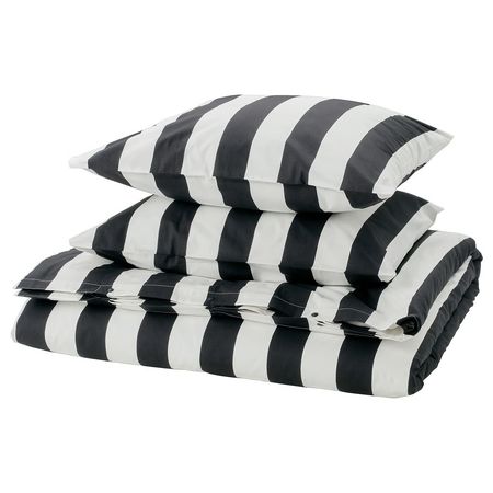 SLÅNHÖSTMAL Пододеяльник и 2 наволочки - черный/белый/в полоску 240x220/50x60 см