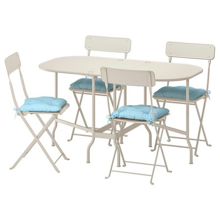 Стол + 4 складных стула, для/сада, бежевый/Куддарна голубой IKEA САЛЬТХОЛЬМЕН 992.863.29