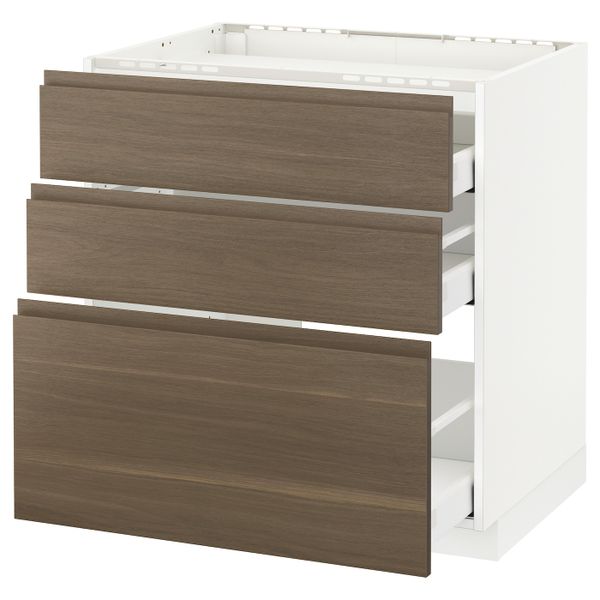 Напольный шкаф, 3 фронтальных панели/3ящика, белый/Воксторп грецкий орех 80x60 см IKEA METOD МЕТОД / MAXIMERA МАКСИМЕРА - фото 1