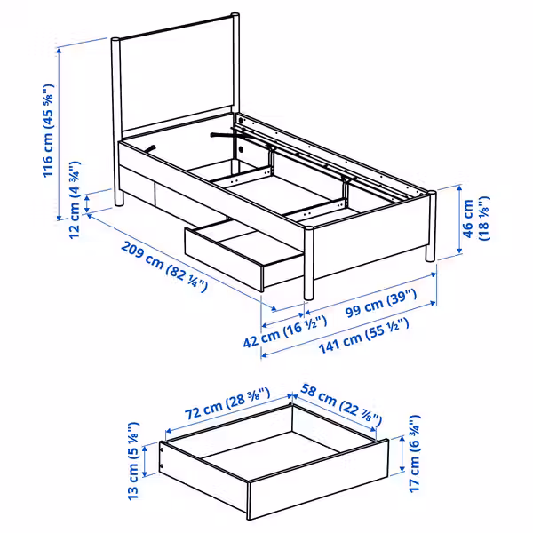 TONSTAD Каркас кровати с ящиками - дубовый шпон 90x200 см - схема-чертеж с размерами