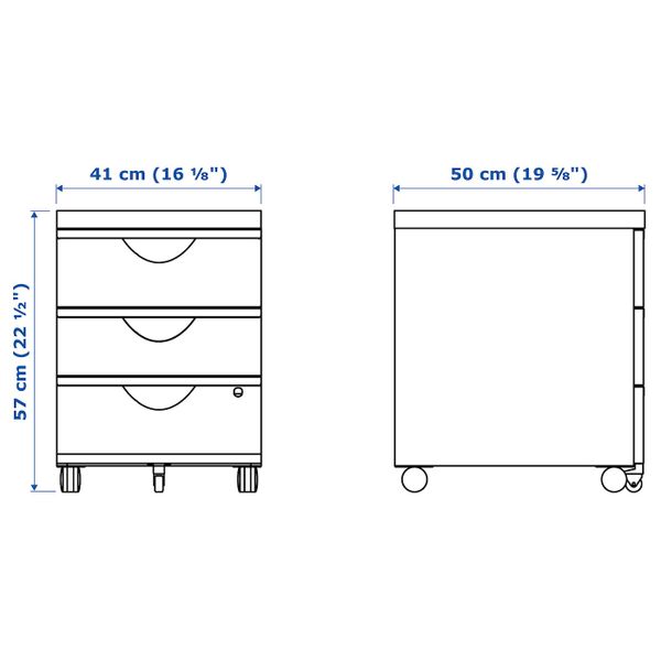 Тумба на колесиках с 3 ящиками, белый 41x57 см IKEA ERIK ЭРИК 903.849.42 - схема-чертеж с размерами