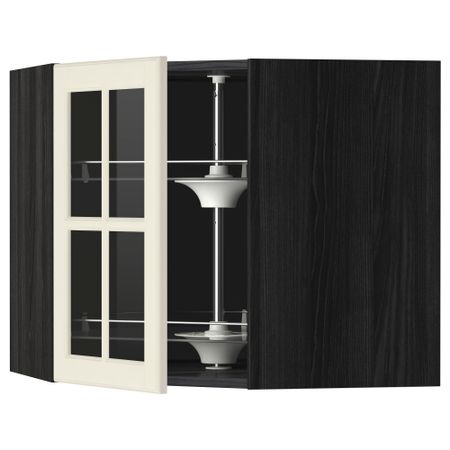 Угловой навесной шкаф с вращающающейся секцией, стеклянными дверцами МЕТОД, черный, Будбин белый с оттенком