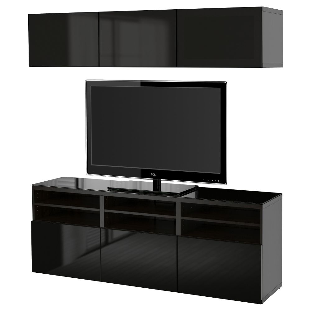 Шкаф для ТВ, комбинированный, стекляные дверцы БЕСТО, черно-коричневый, Сельсвикен глянцевый/черный дымчатое стекло (180x40x192 - фото 1