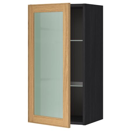 Навесной шкаф с полками, стекляными дверцы МЕТОД, черный, Экестад дуб