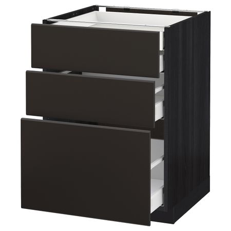 Напольный шкаф 3 фронтальные панели, 2 низких, 1 средний, 1 встроенный ящ, черный/Кунгсбакка антрацит 60x60 см IKEA МЕТОД /